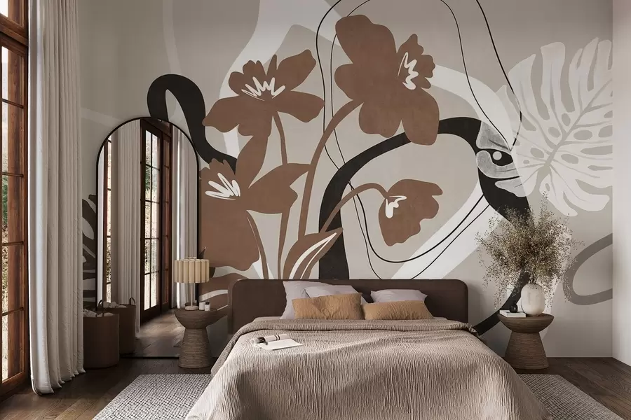 wall murals Апстрактно текстурирано смеђе цвеће са белим и црним облицима на беж позадини, минималистичка уметност w09645v1