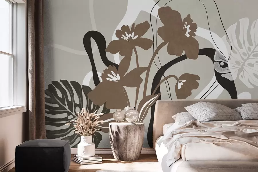 wall murals Апстрактно текстурирано смеђе цвеће са белим и црним облицима на беж позадини, минималистичка уметност w09645v1