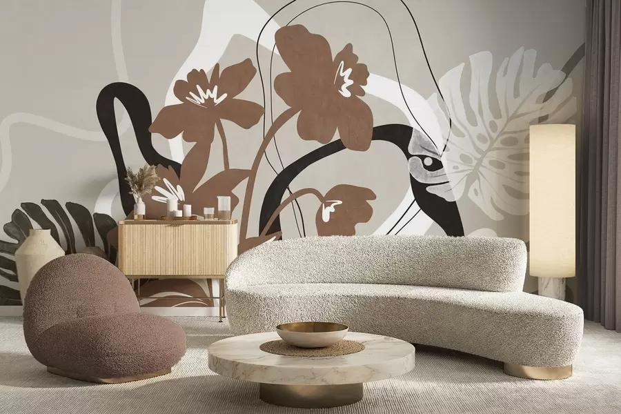 wall murals Апстрактно текстурирано смеђе цвеће са белим и црним облицима на беж позадини, минималистичка уметност w09645v1