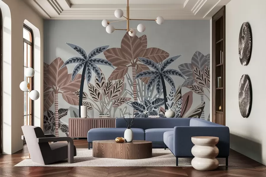 wall murals Текстуриране тропске биљке и палме са пригушеним бојама у декоративном бохо стилу на сивој позадини w09639v1