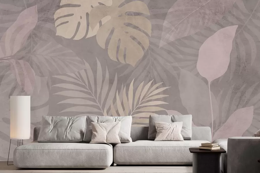wall murals текстурирано тропско лишће на сивој позадини w05063v1