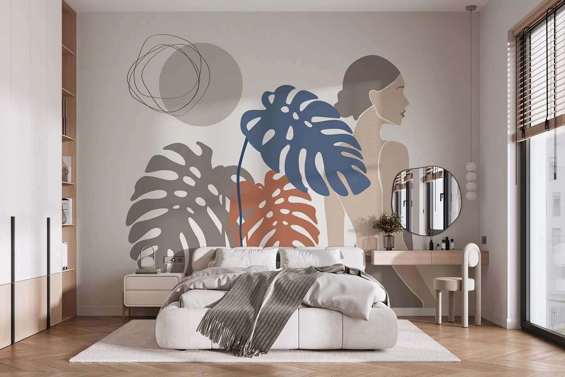 wall murals Силуета жене близу тропског лишћа w05192
