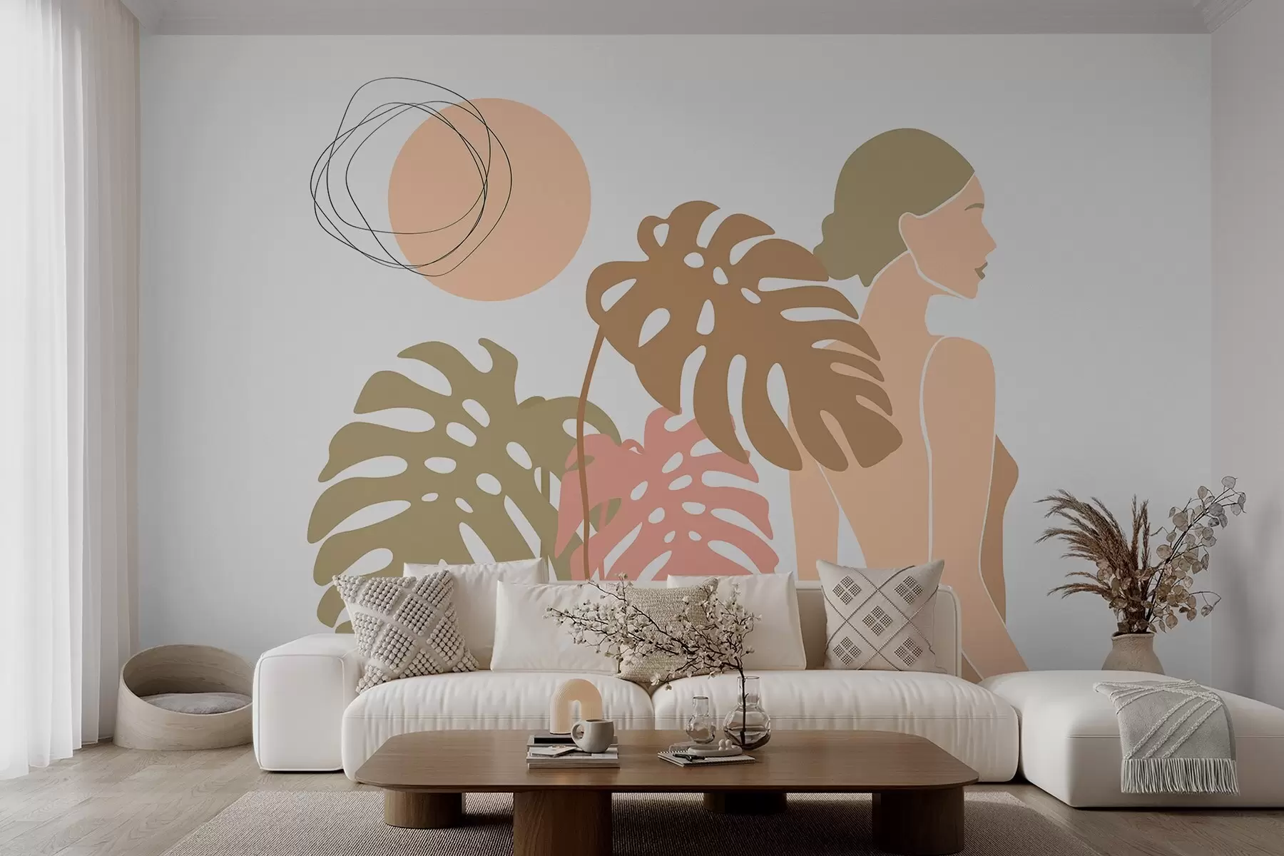 wall murals Силуета жене близу тропског лишћа w05192v1