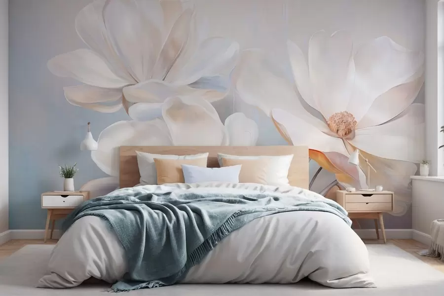 wall murals Бели фантастични цветови магнолије са нежним текстурираним латицама, мека, апстрактна позадина w09373