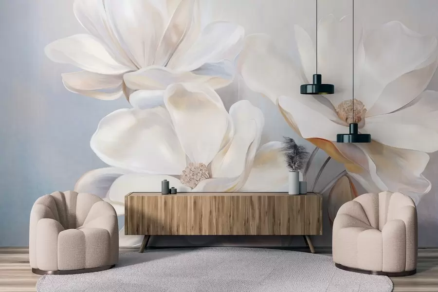 wall murals Бели фантастични цветови магнолије са нежним текстурираним латицама, мека, апстрактна позадина w09373