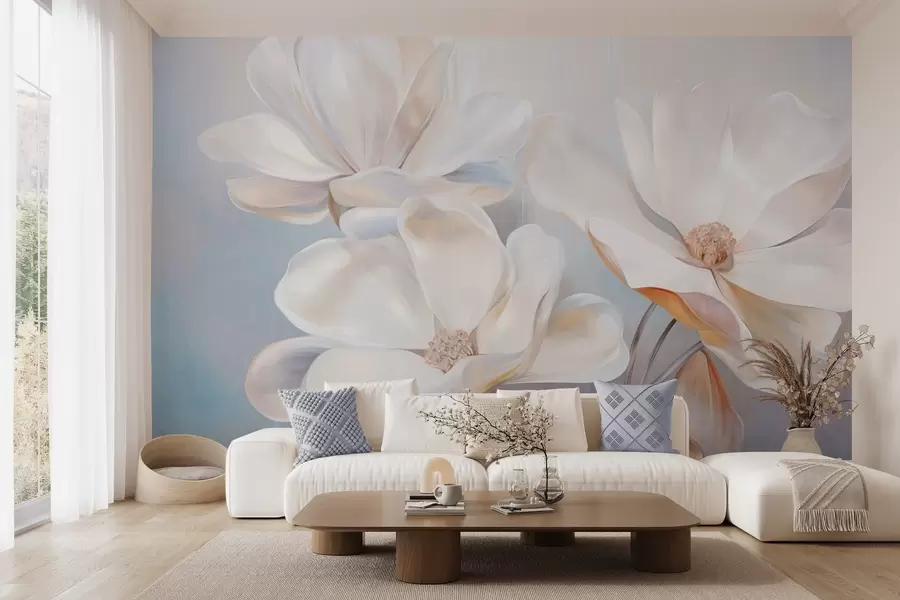 wall murals Бели фантастични цветови магнолије са нежним текстурираним латицама, мека, апстрактна позадина w09373