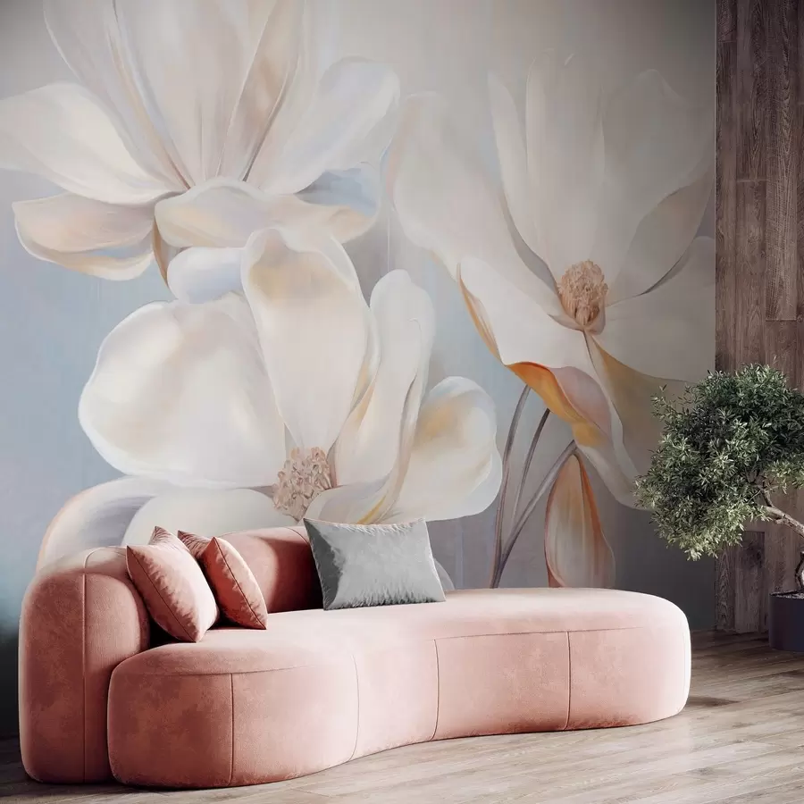 wall murals Бели фантастични цветови магнолије са нежним текстурираним латицама, мека, апстрактна позадина w09373