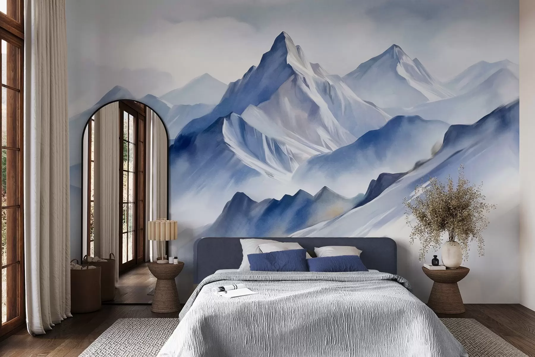 wall murals Текстуриране снежне планине са меким, акварелним ефектом и палетом плаве и беле боје w09630