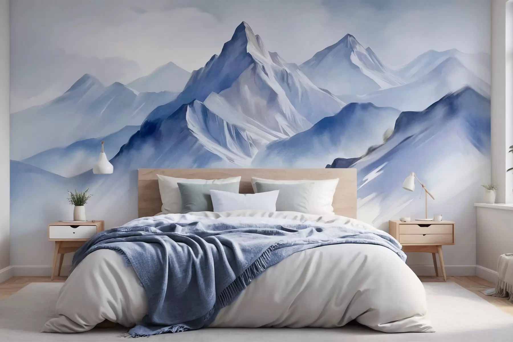 wall murals Текстуриране снежне планине са меким, акварелним ефектом и палетом плаве и беле боје w09630