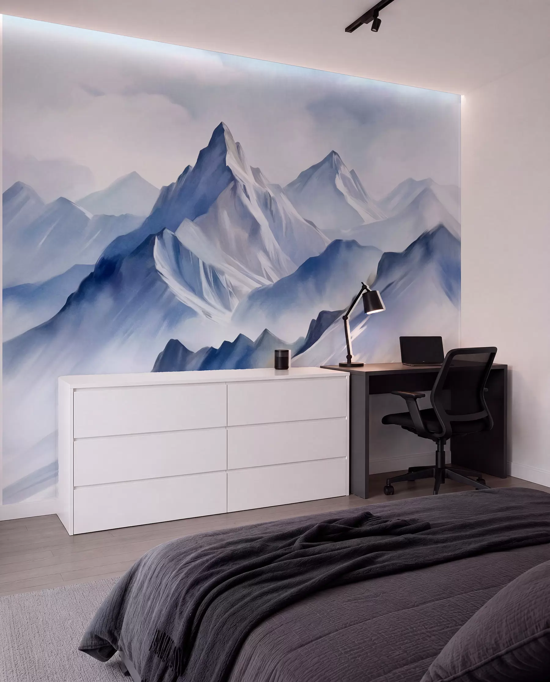 wall murals Текстуриране снежне планине са меким, акварелним ефектом и палетом плаве и беле боје w09630