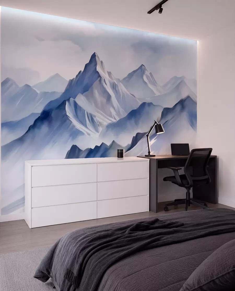 wall murals Текстуриране снежне планине са меким, акварелним ефектом и палетом плаве и беле боје w09630