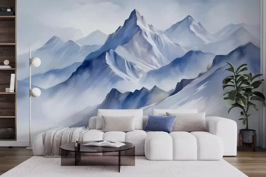 wall murals Текстуриране снежне планине са меким, акварелним ефектом и палетом плаве и беле боје w09630