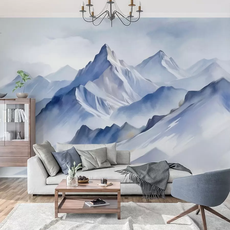 wall murals Текстуриране снежне планине са меким, акварелним ефектом и палетом плаве и беле боје w09630