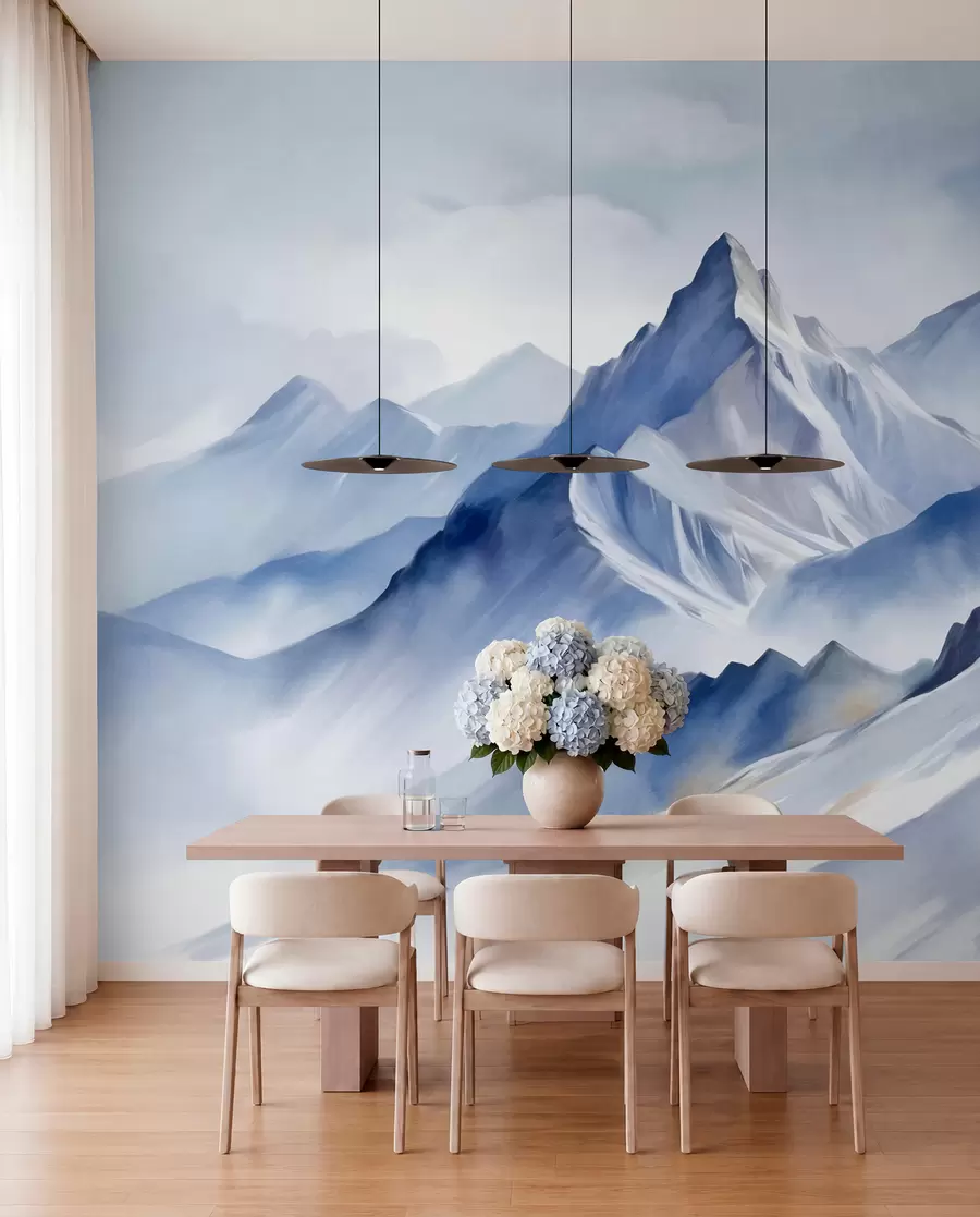 wall murals Текстуриране снежне планине са меким, акварелним ефектом и палетом плаве и беле боје w09630
