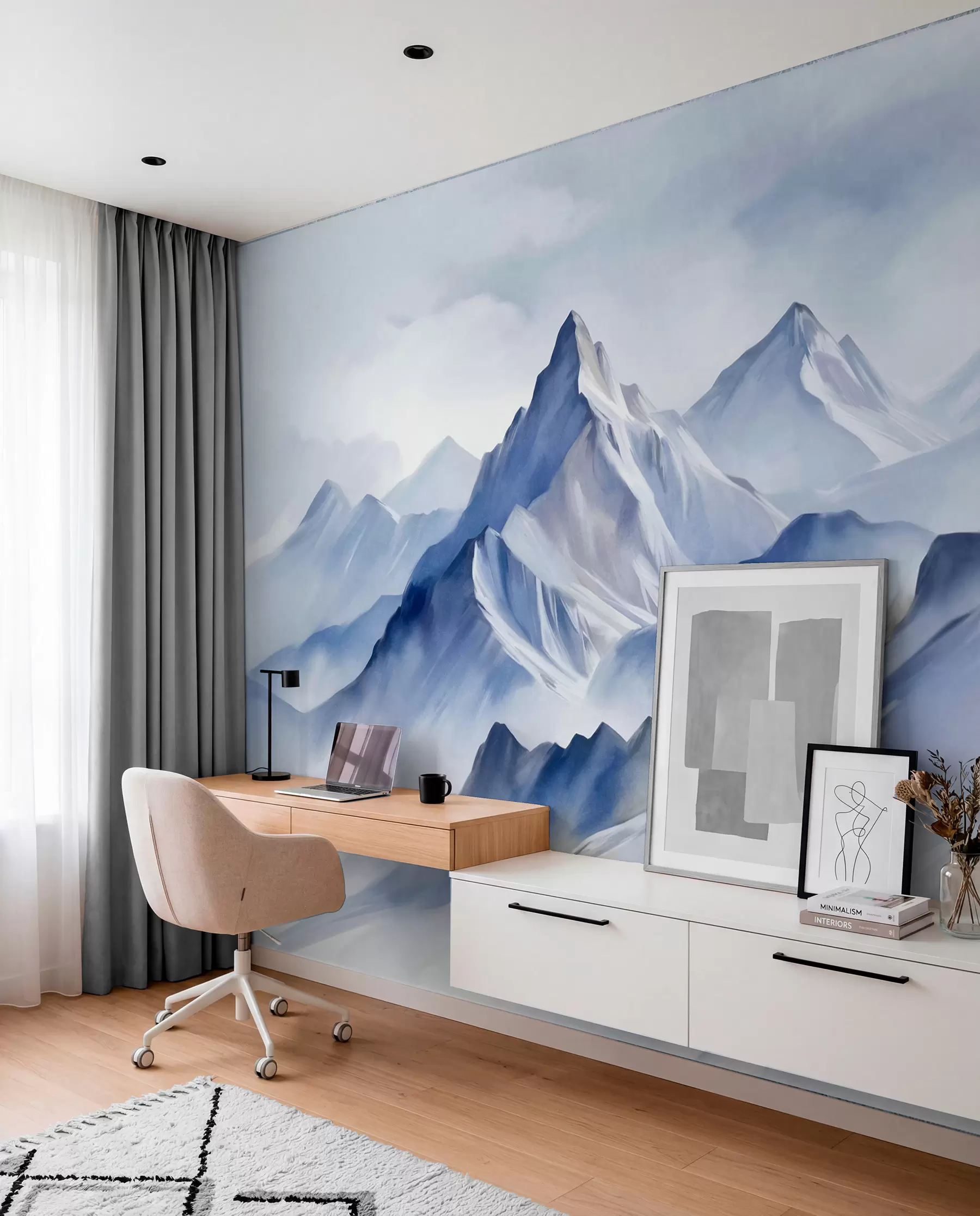 wall murals Текстуриране снежне планине са меким, акварелним ефектом и палетом плаве и беле боје w09630
