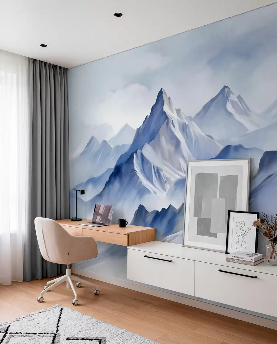 wall murals Текстуриране снежне планине са меким, акварелним ефектом и палетом плаве и беле боје w09630