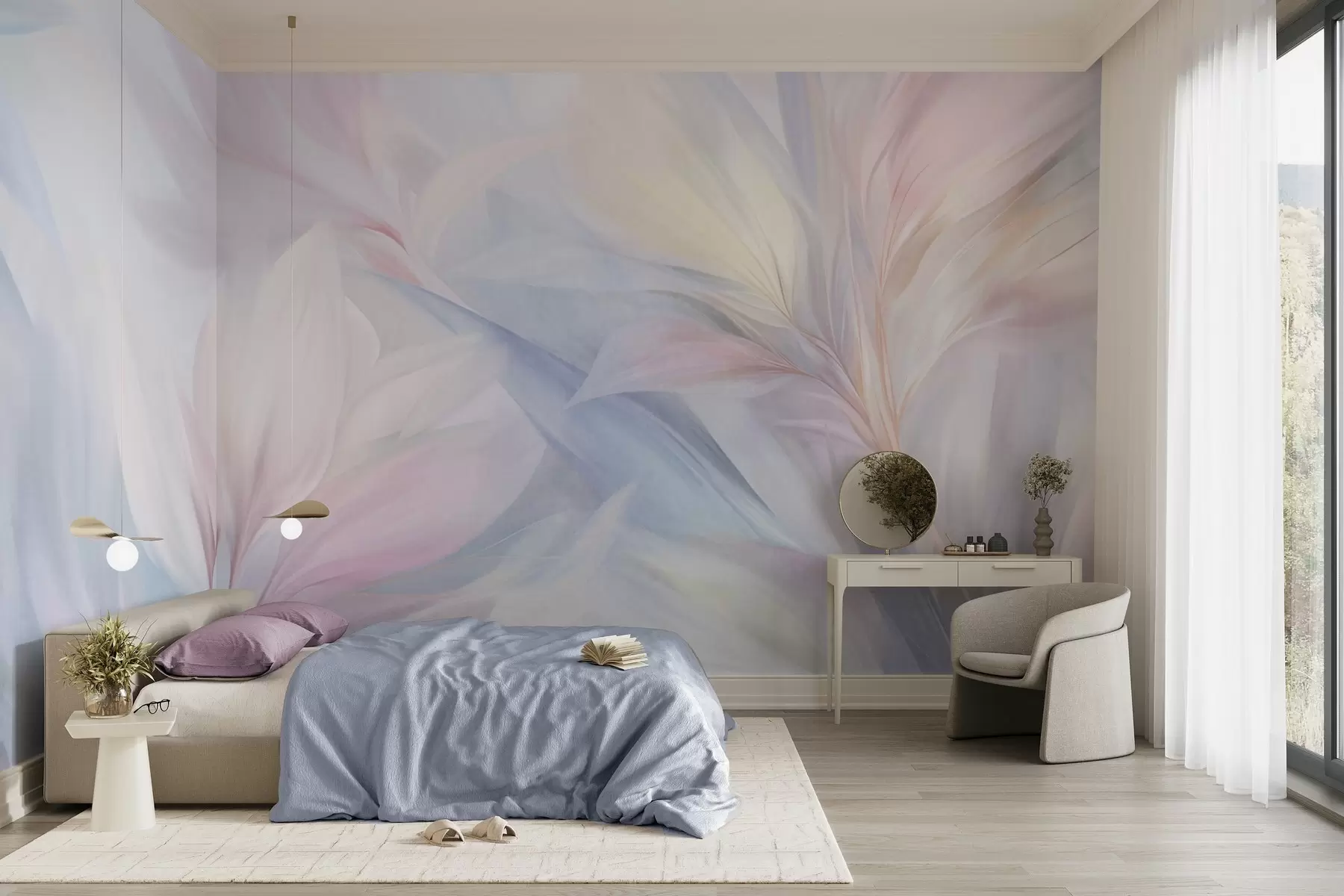 wall murals Меко, пастелно обојено лишће и перје у нијансама ружичасте, плаве и жуте, апстрактни и текстурирани отисак w09634