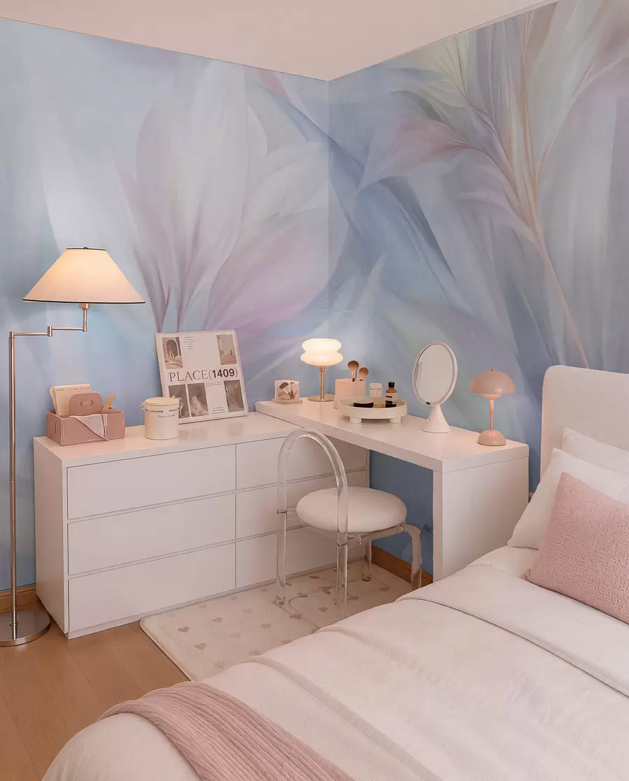 wall murals Меко, пастелно обојено лишће и перје у нијансама ружичасте, плаве и жуте, апстрактни и текстурирани отисак w09634