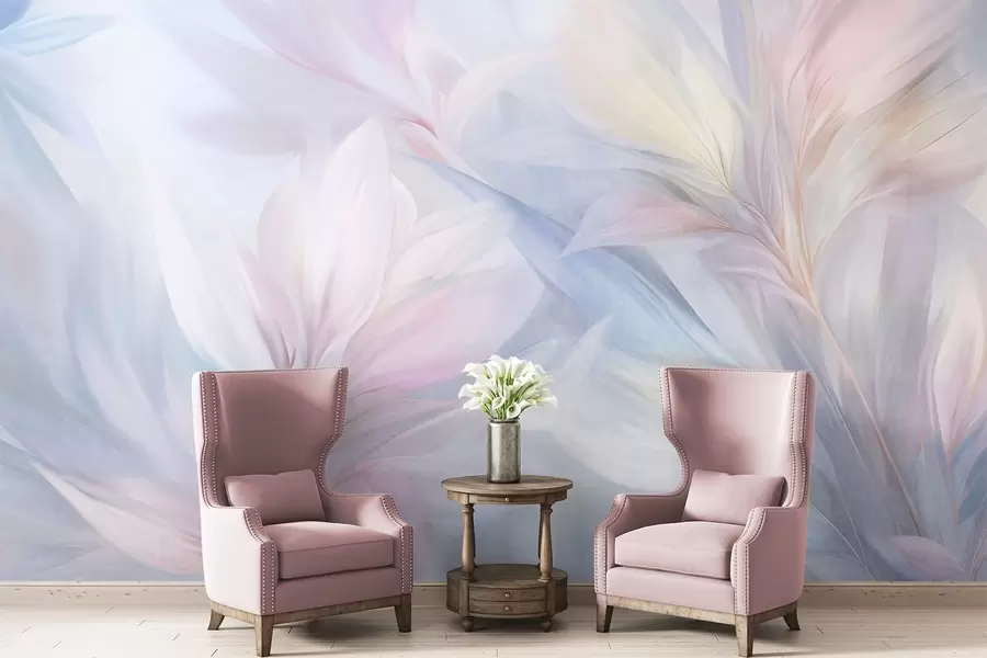 wall murals Меко, пастелно обојено лишће и перје у нијансама ружичасте, плаве и жуте, апстрактни и текстурирани отисак w09634