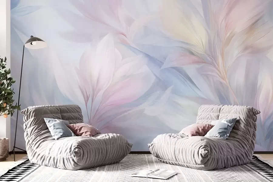 wall murals Меко, пастелно обојено лишће и перје у нијансама ружичасте, плаве и жуте, апстрактни и текстурирани отисак w09634