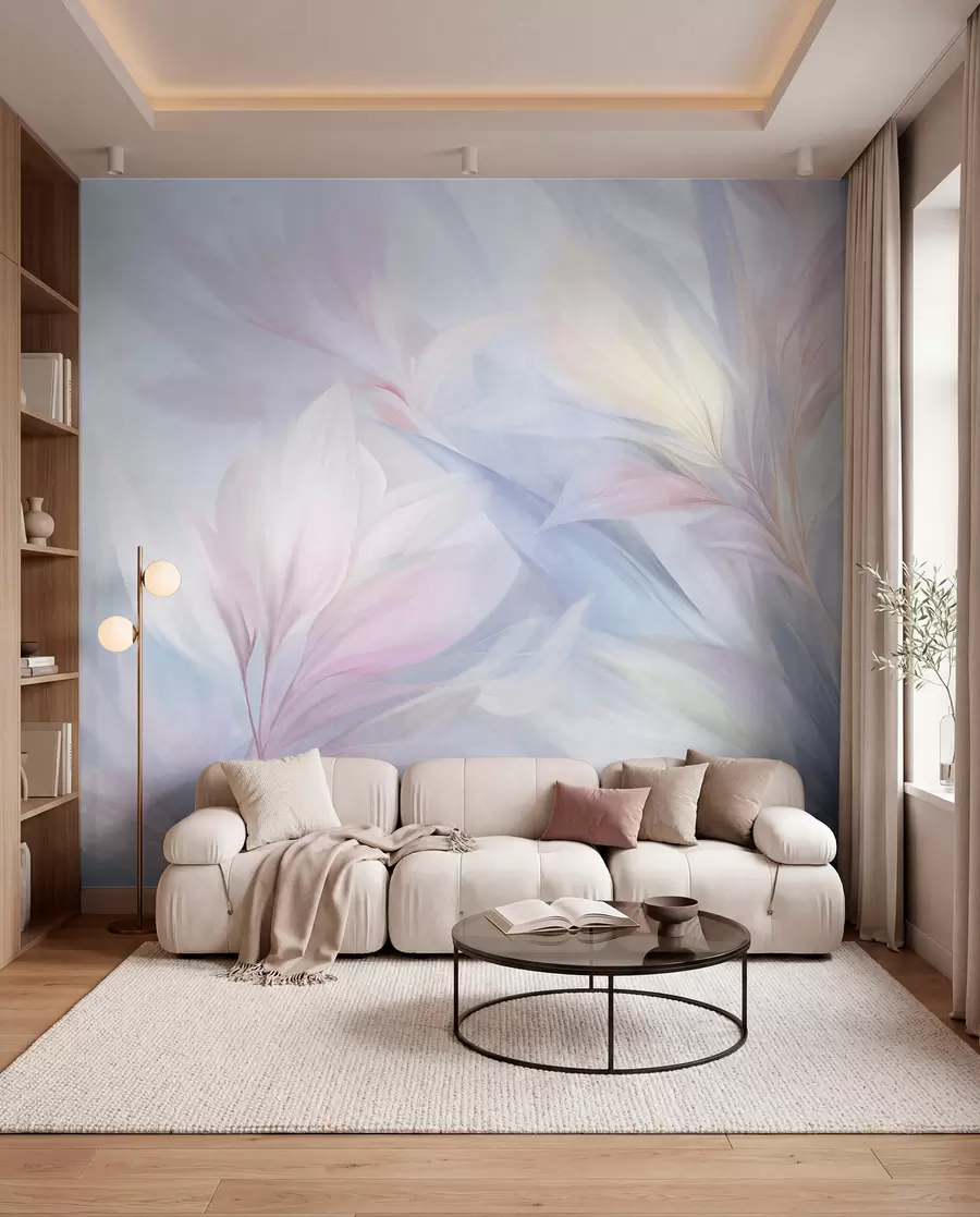 wall murals Меко, пастелно обојено лишће и перје у нијансама ружичасте, плаве и жуте, апстрактни и текстурирани отисак w09634