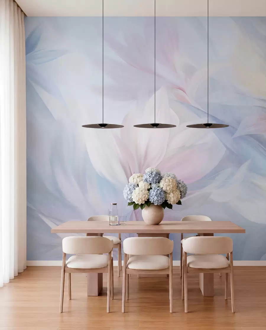 wall murals Меко, пастелно обојено лишће и перје у нијансама ружичасте, плаве и жуте, апстрактни и текстурирани отисак w09634