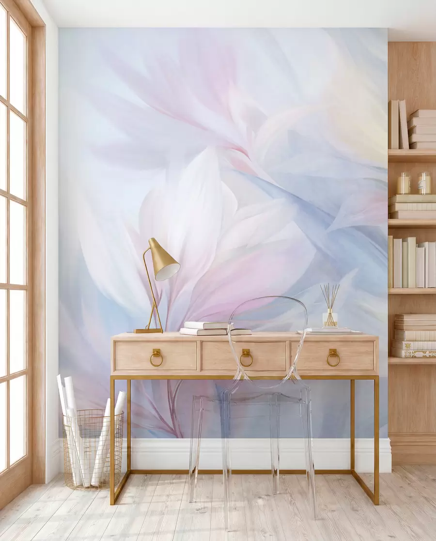 wall murals Меко, пастелно обојено лишће и перје у нијансама ружичасте, плаве и жуте, апстрактни и текстурирани отисак w09634