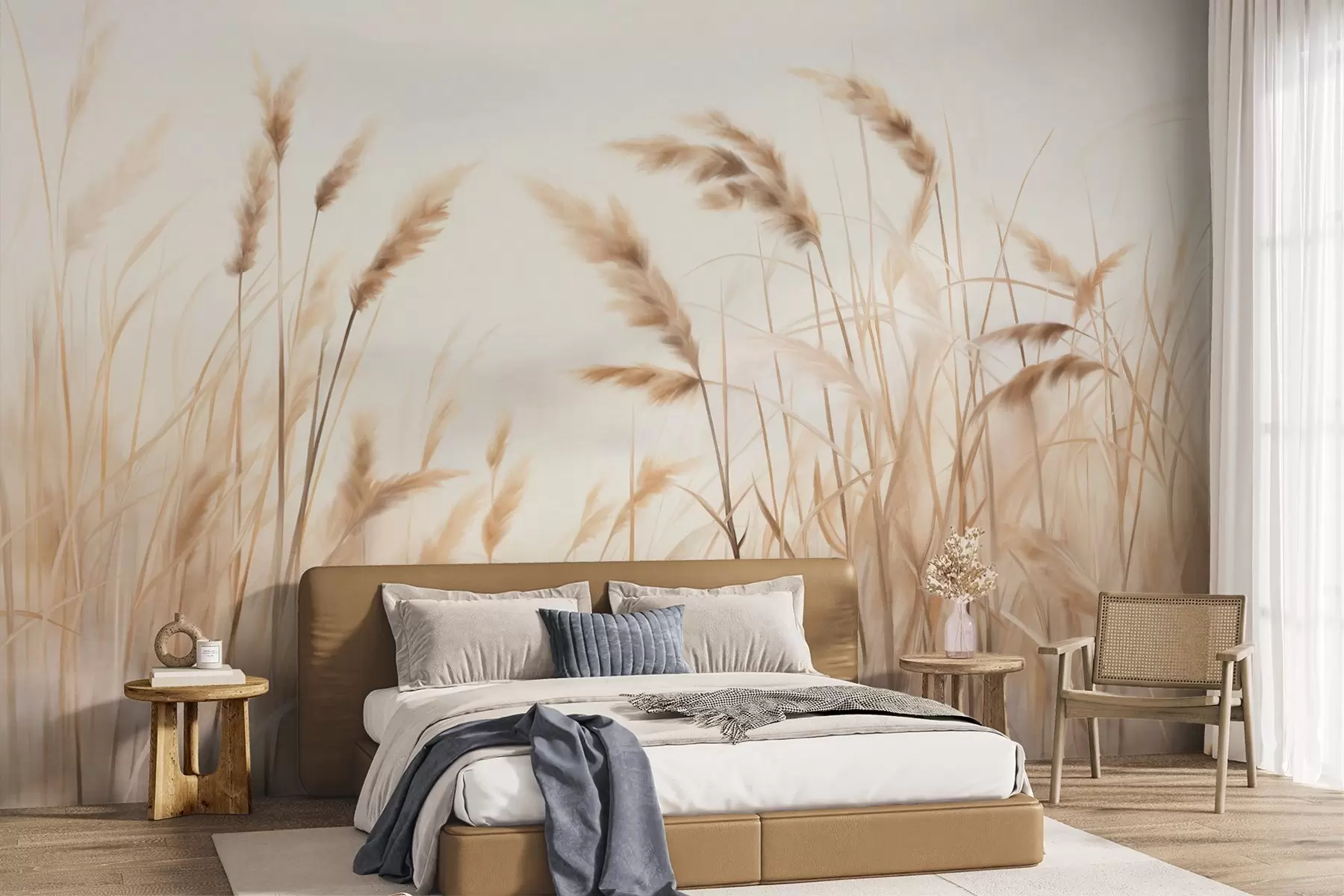 wall murals Висока, текстурирана сува трава са класјевима пшенице на пољу на мекој, бледој позадини w09648