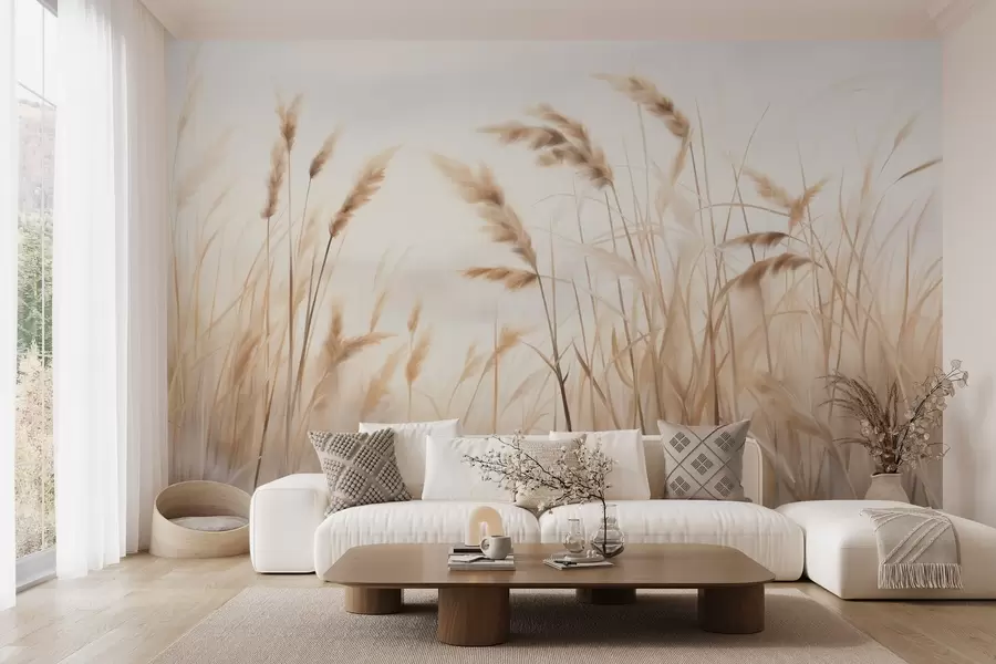 wall murals Висока, текстурирана сува трава са класјевима пшенице на пољу на мекој, бледој позадини w09648