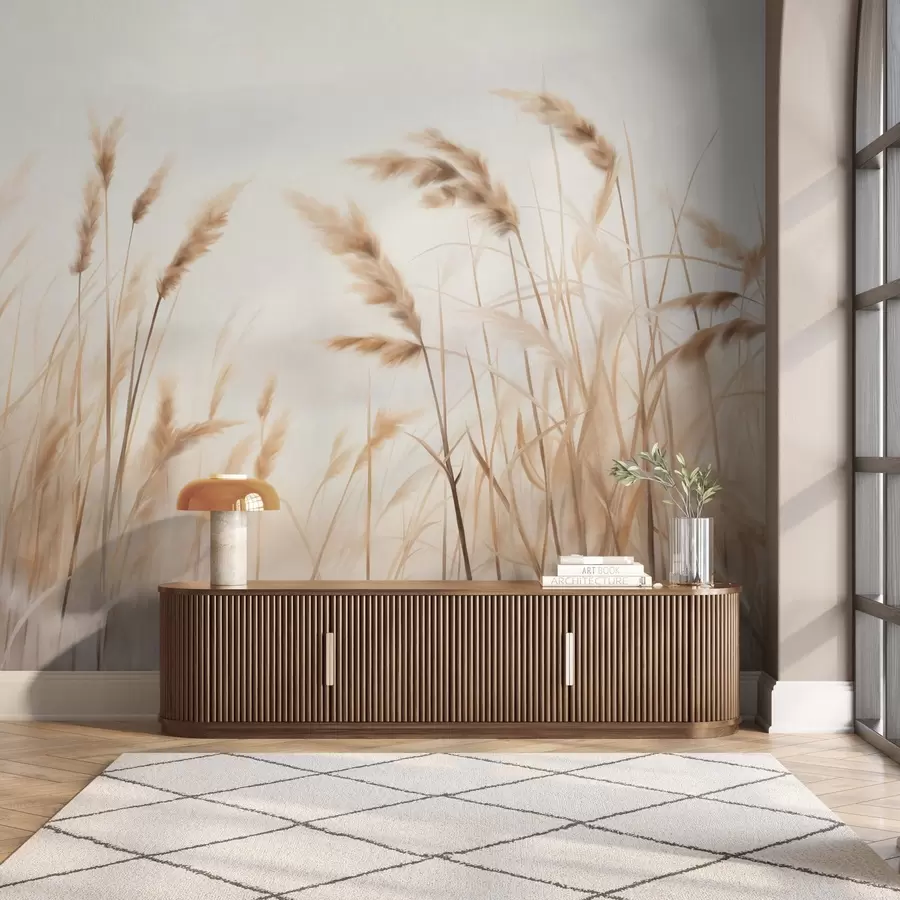 wall murals Висока, текстурирана сува трава са класјевима пшенице на пољу на мекој, бледој позадини w09648