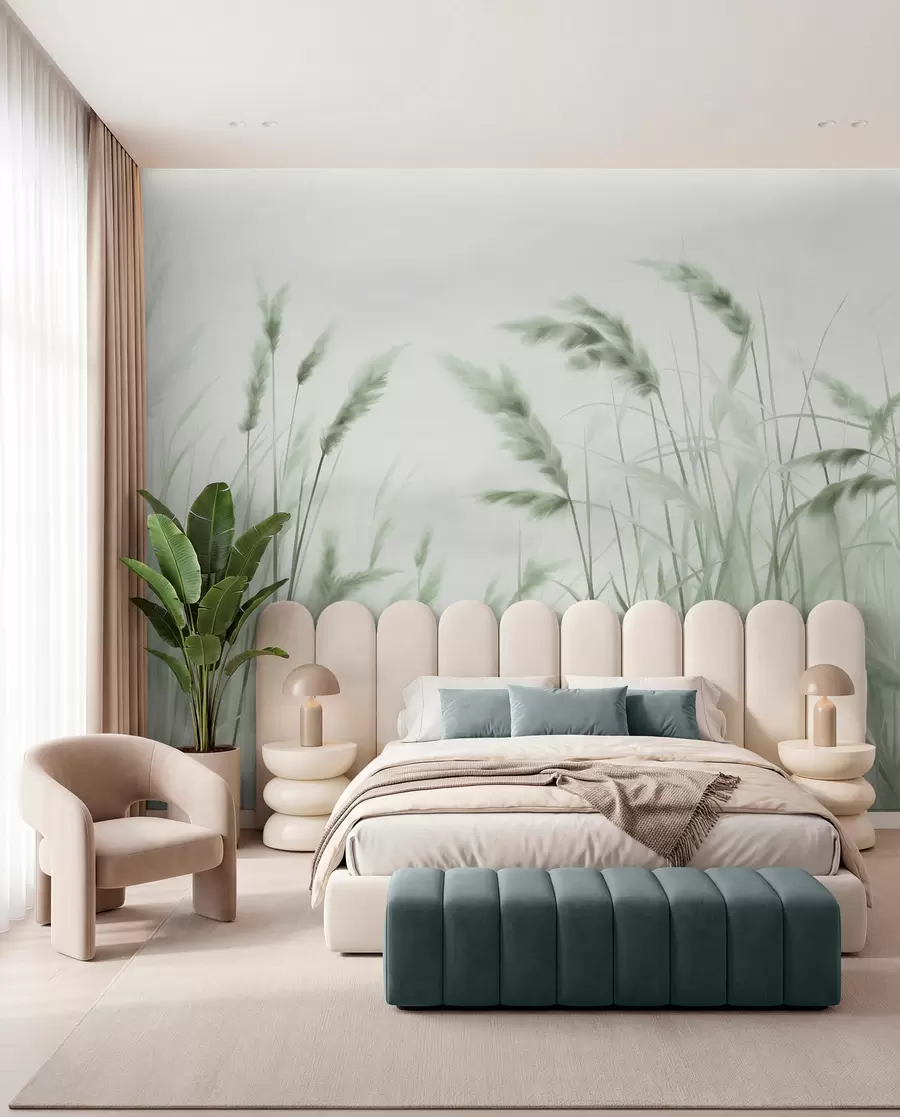 wall murals Висока, текстурирана сува трава са класјевима пшенице на пољу на мекој, бледој позадини w09648v1