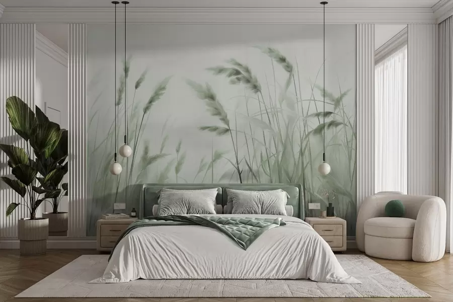 wall murals Висока, текстурирана сува трава са класјевима пшенице на пољу на мекој, бледој позадини w09648v1