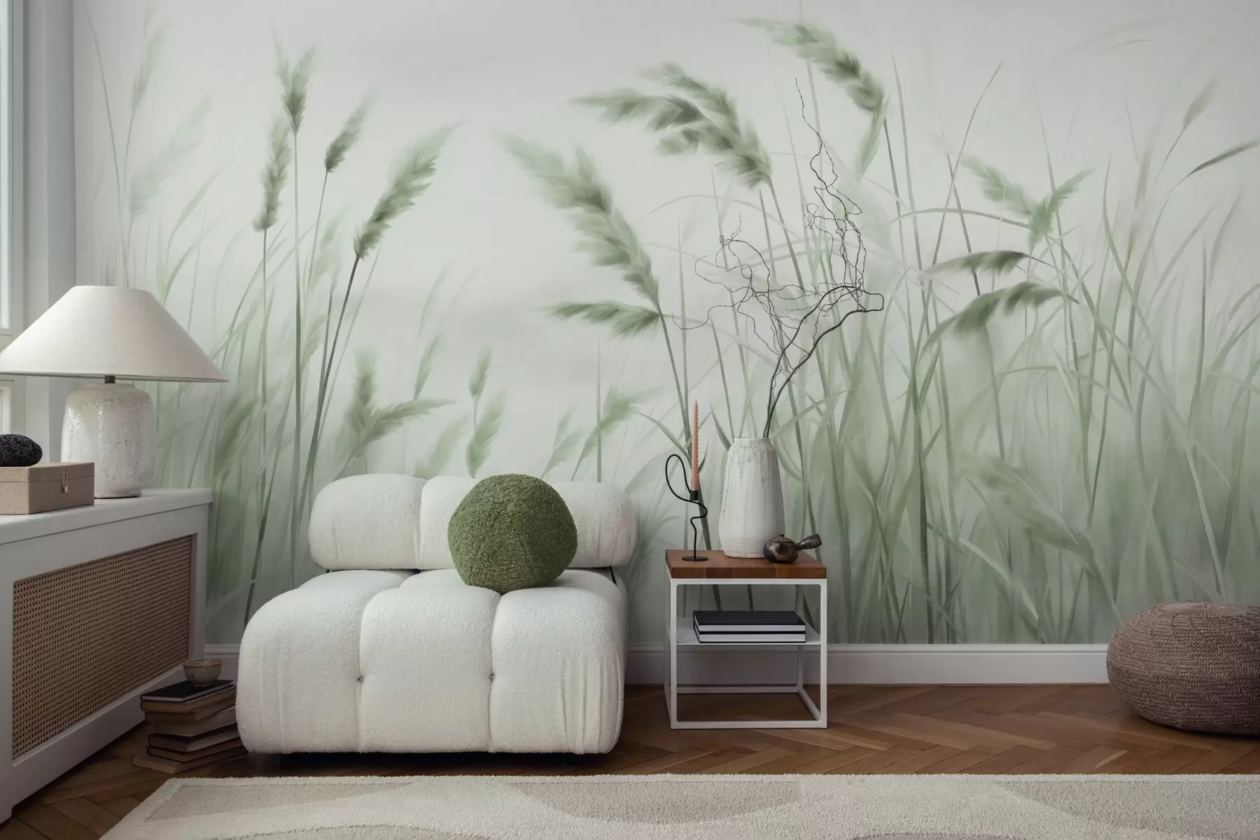 wall murals Висока, текстурирана сува трава са класјевима пшенице на пољу на мекој, бледој позадини w09648v1