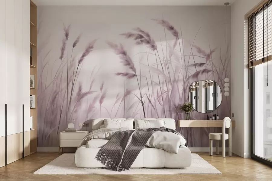 wall murals Висока, текстурирана сува трава са класјевима пшенице на пољу на мекој, бледој позадини w09648v2