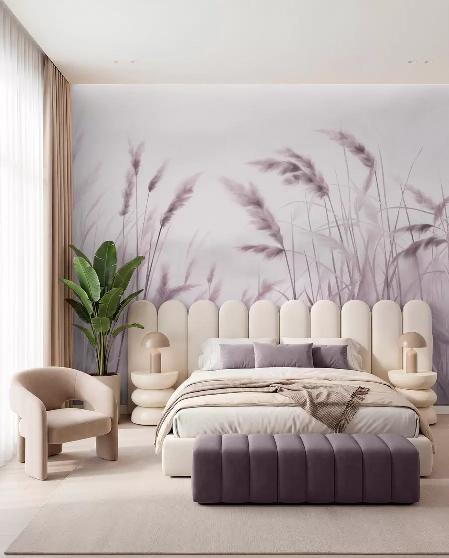wall murals Висока, текстурирана сува трава са класјевима пшенице на пољу на мекој, бледој позадини w09648v2