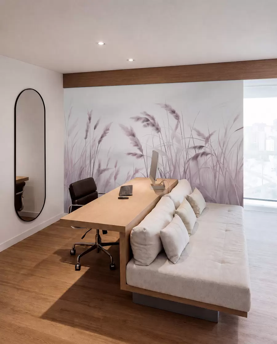 wall murals Висока, текстурирана сува трава са класјевима пшенице на пољу на мекој, бледој позадини w09648v2