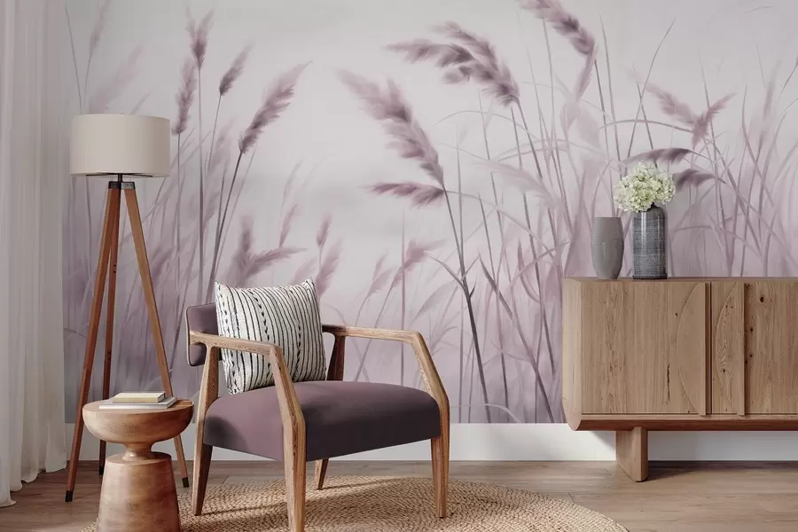 wall murals Висока, текстурирана сува трава са класјевима пшенице на пољу на мекој, бледој позадини w09648v2