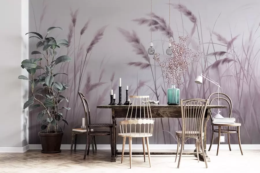 wall murals Висока, текстурирана сува трава са класјевима пшенице на пољу на мекој, бледој позадини w09648v2