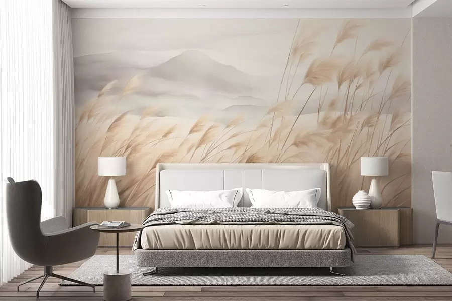 wall murals Текстурирани планински пејзаж са високом, сувом травом под магловитим небом w09649