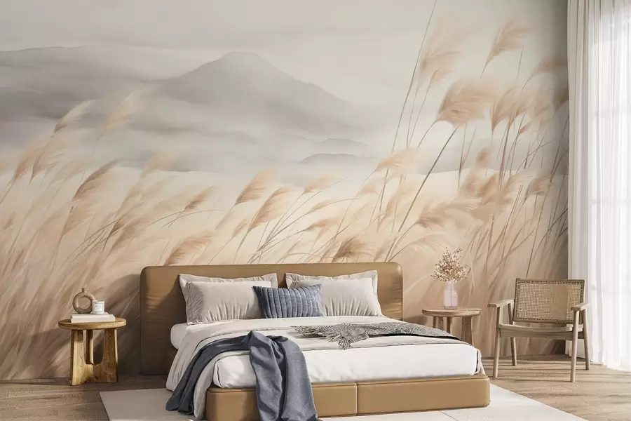 wall murals Текстурирани планински пејзаж са високом, сувом травом под магловитим небом w09649