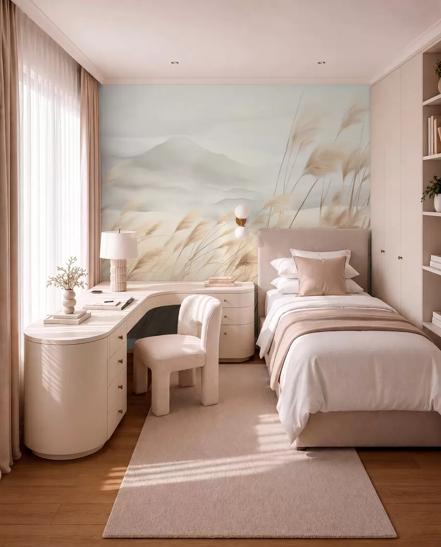 wall murals Текстурирани планински пејзаж са високом, сувом травом под магловитим небом w09649