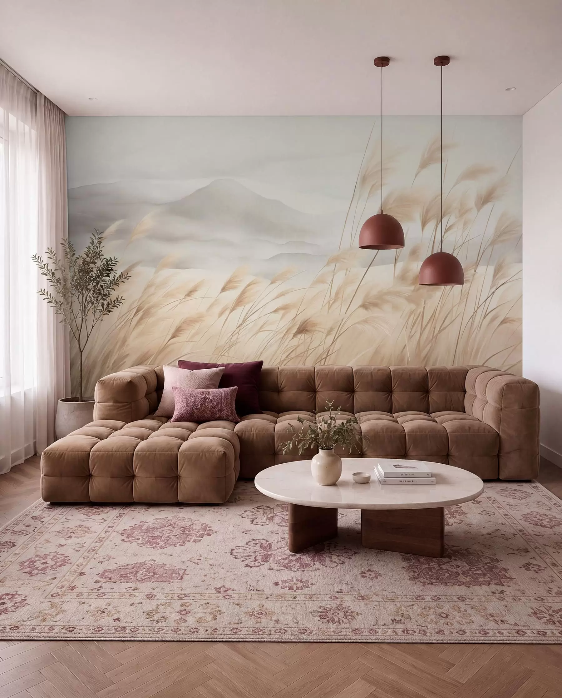 wall murals Текстурирани планински пејзаж са високом, сувом травом под магловитим небом w09649
