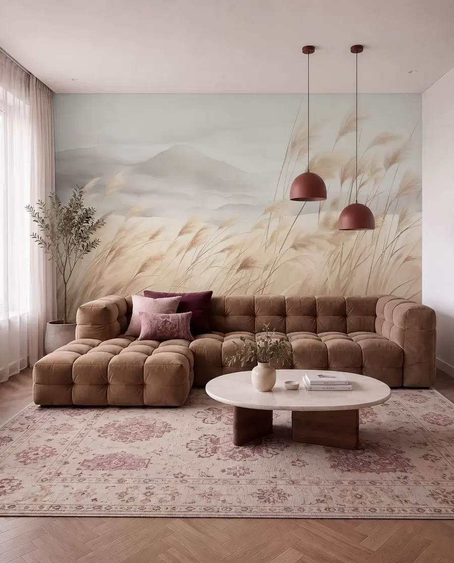 wall murals Текстурирани планински пејзаж са високом, сувом травом под магловитим небом w09649