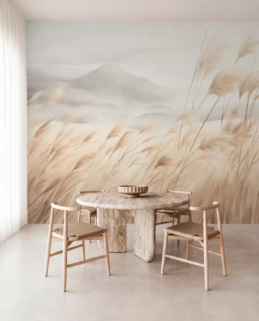 wall murals Текстурирани планински пејзаж са високом, сувом травом под магловитим небом w09649