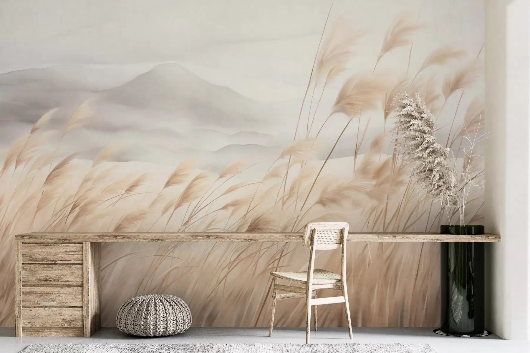 wall murals Текстурирани планински пејзаж са високом, сувом травом под магловитим небом w09649