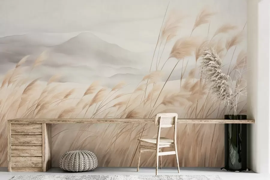 wall murals Текстурирани планински пејзаж са високом, сувом травом под магловитим небом w09649