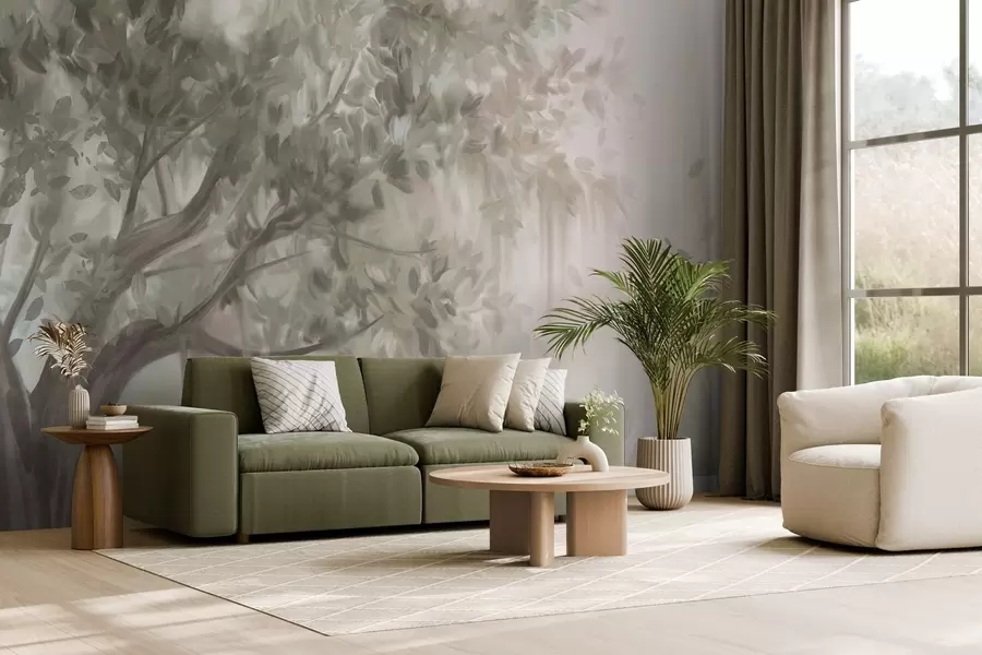 wall murals Текстурирано дрво са светлозеленим листовима и гранама, са меком, магловитом позадином w09650