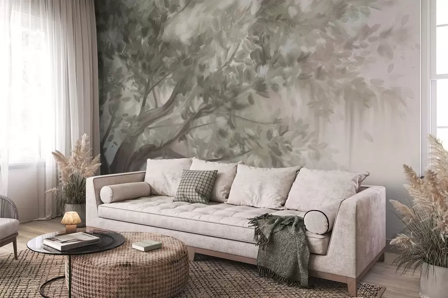 wall murals Текстурирано дрво са светлозеленим листовима и гранама, са меком, магловитом позадином w09650