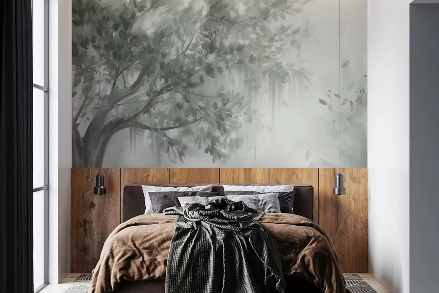 wall murals Текстурирано дрво са зеленим лишћем и гранама, са меком, магловитом позадином w09650v1