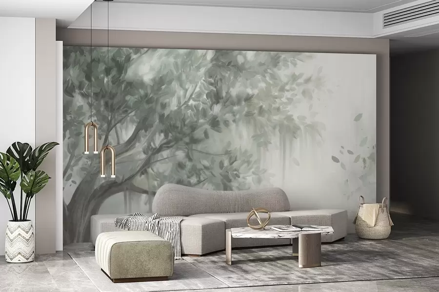 wall murals Текстурирано дрво са зеленим лишћем и гранама, са меком, магловитом позадином w09650v1